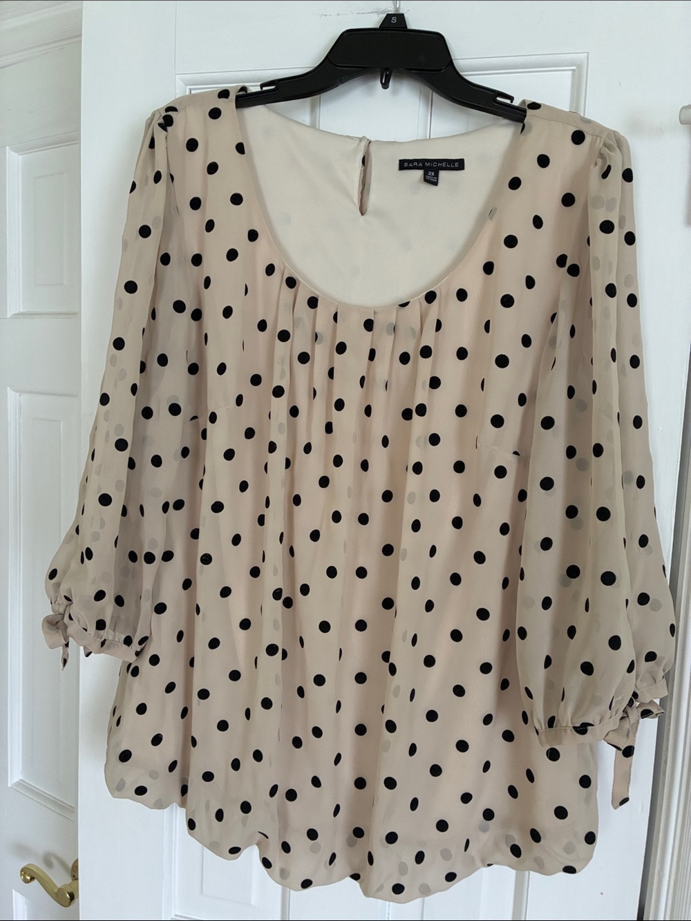 Sara Michelle Beige and Black Polka Dot Blouse - Scoop Neck, 3/4 Sleeve - Picture 5 of 7